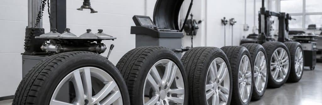 Roues avec pneus et jantes dans un atelier de montage